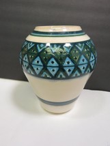 Lovely Mid Century Studio Pottery Vase 7.5&quot; Geometric Blue Green Design ... - $65.34