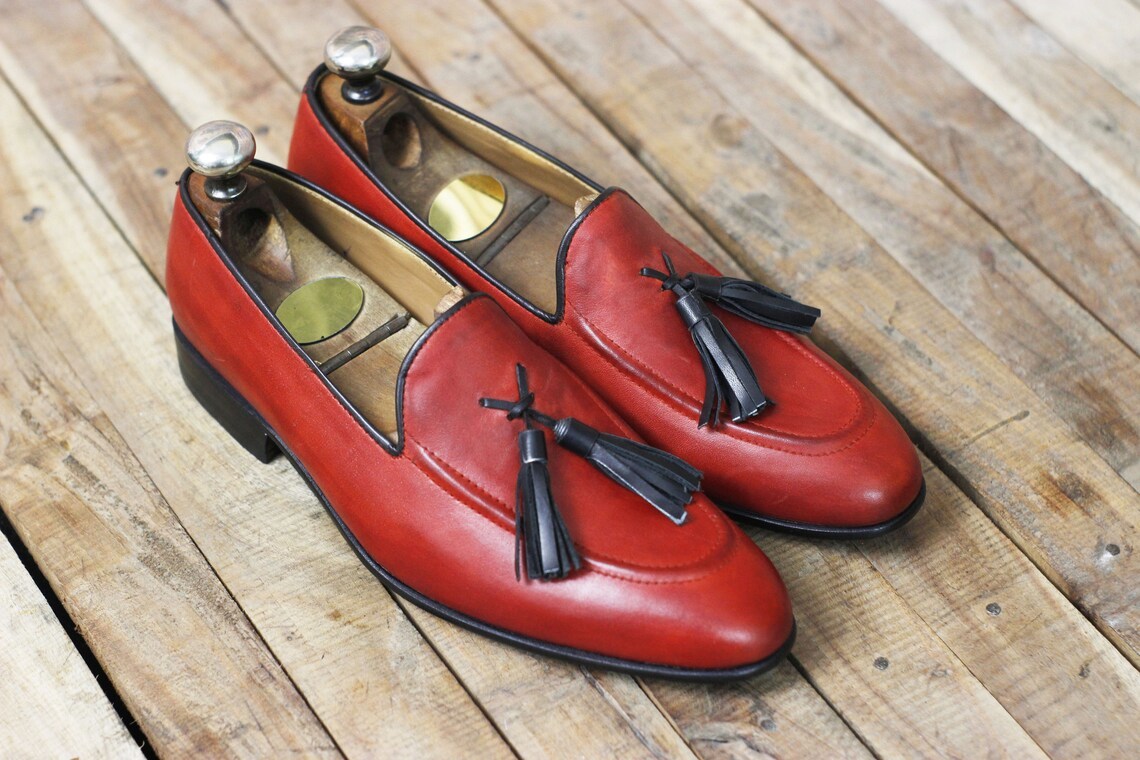 Handmade Leather Men Red Tassels Loafers Slips On Moccasin Stylish Shoes
