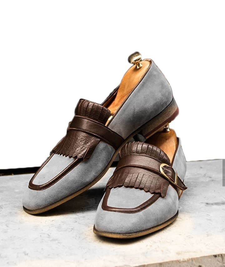 Handmade Men’s Suede Monk Strap Shoes, Men’s Gray & Brown Slip On Fringe Shoes