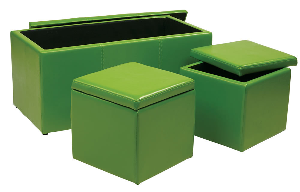3 Piece SET Bold Colors Vinyl 34.5W 1 OTTOMAN Bench + 2 Storage Cubes