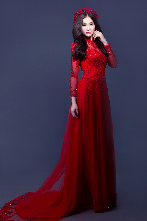 Red Lace Mesh Wedding Vietnamese Traditional Long Dress