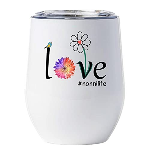 Love Nonni Life Wine Glass Tumbler 12oz With Lid Gift for Women - Flower Graphic