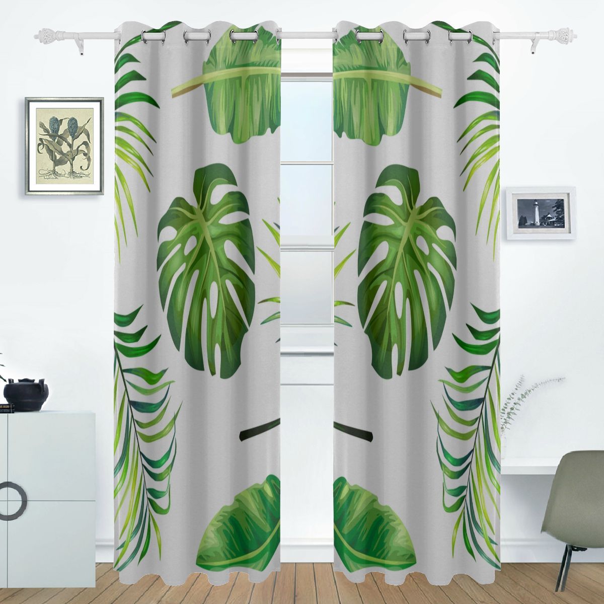 Childrens Blackout Curtains Tropical Graphic Palm Green Leaves Print ...