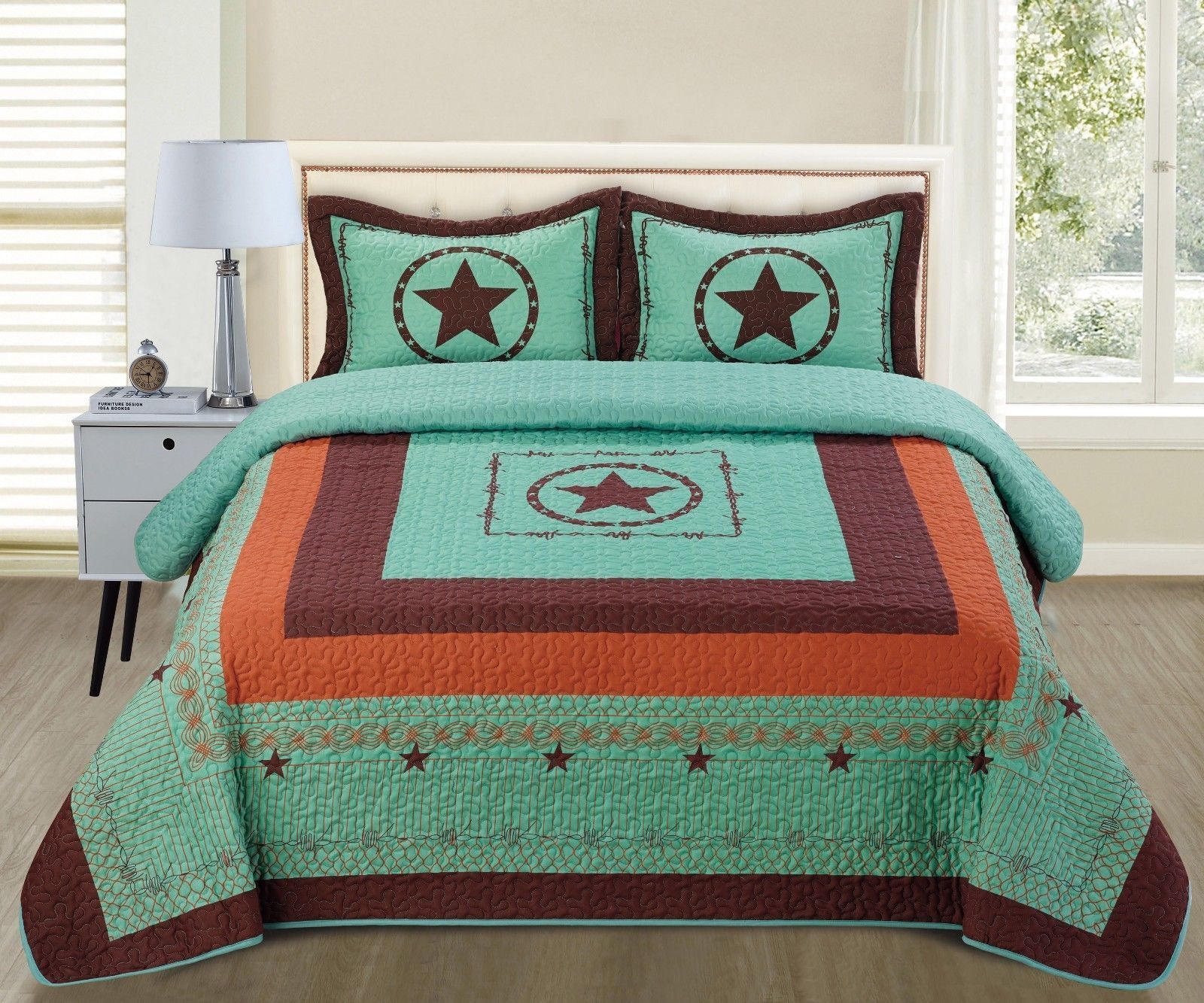 Texas Star Barbed Wire Western Style Quilt BedSpread Shams 3 Pcs Set
