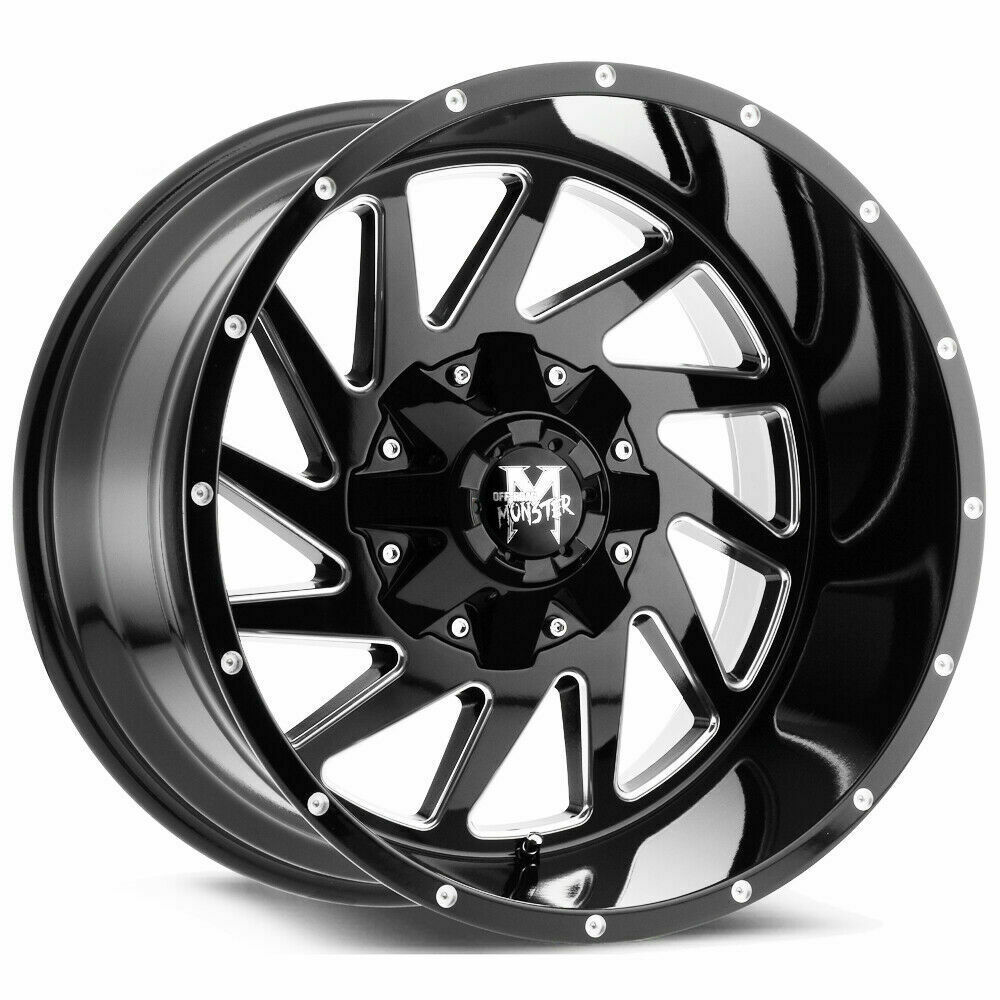 20x12 Off-Road Monster M12 8x6.5/8x170 -44 Black Milled Wheels Rims Set ...