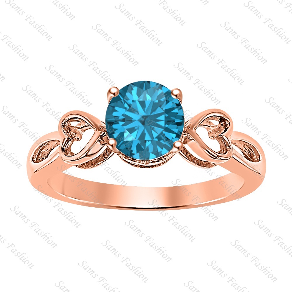 Round London Blue Topaz 14k Rose Gold Over 925 Silver Double Heart Ring Women's
