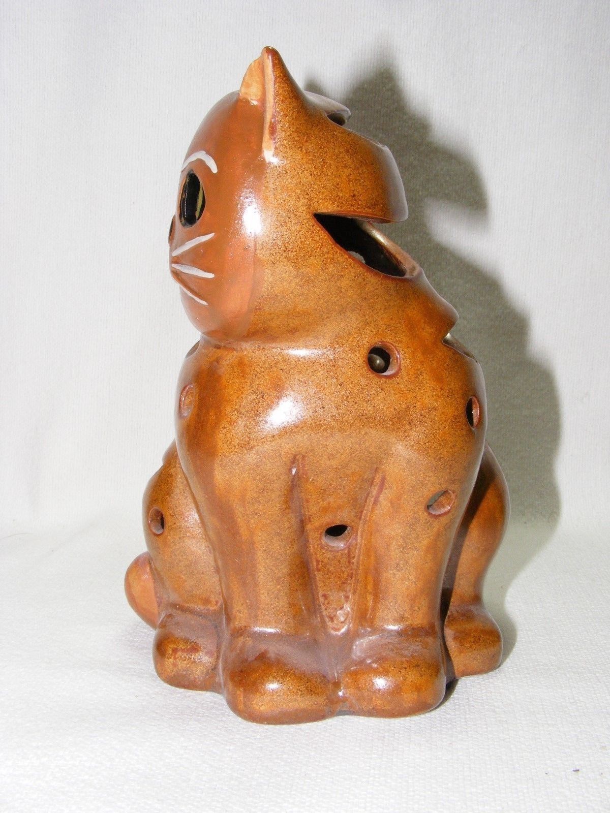 Ceramic Cat Votive Candle Holder 7" Tall Brown Hand Painted New no Box