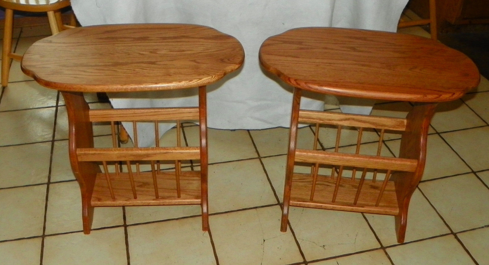 Pair of Solid Oak Oval End Tables / Side Tables with Magazine Rack