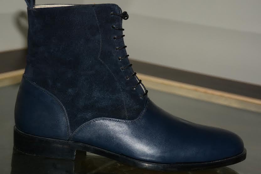 Handmade mens blue Chelsea leather boot, Men ankle high suede and