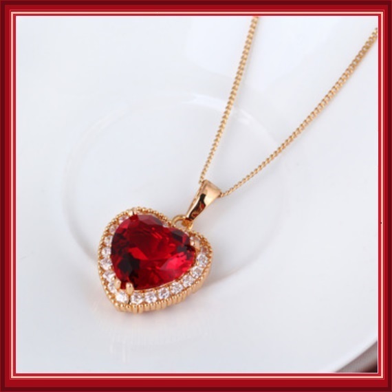 Ruby Red Crystal Heart Pendant & Clear Cubic Zircon 18K Yellow Gold ...
