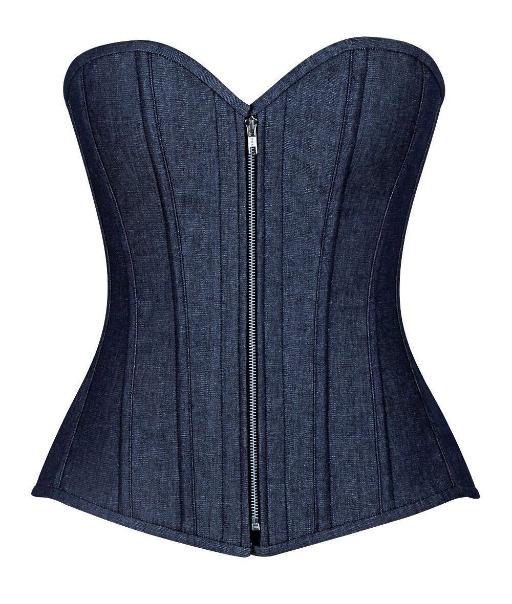 Zipper Front Overbust Denim Blue Steel Bone Corset Corsets & Bustiers