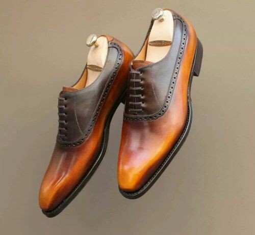 New Handmade Men's Leather Patina Two Tone Cognac Oxforde Custom made men shoes