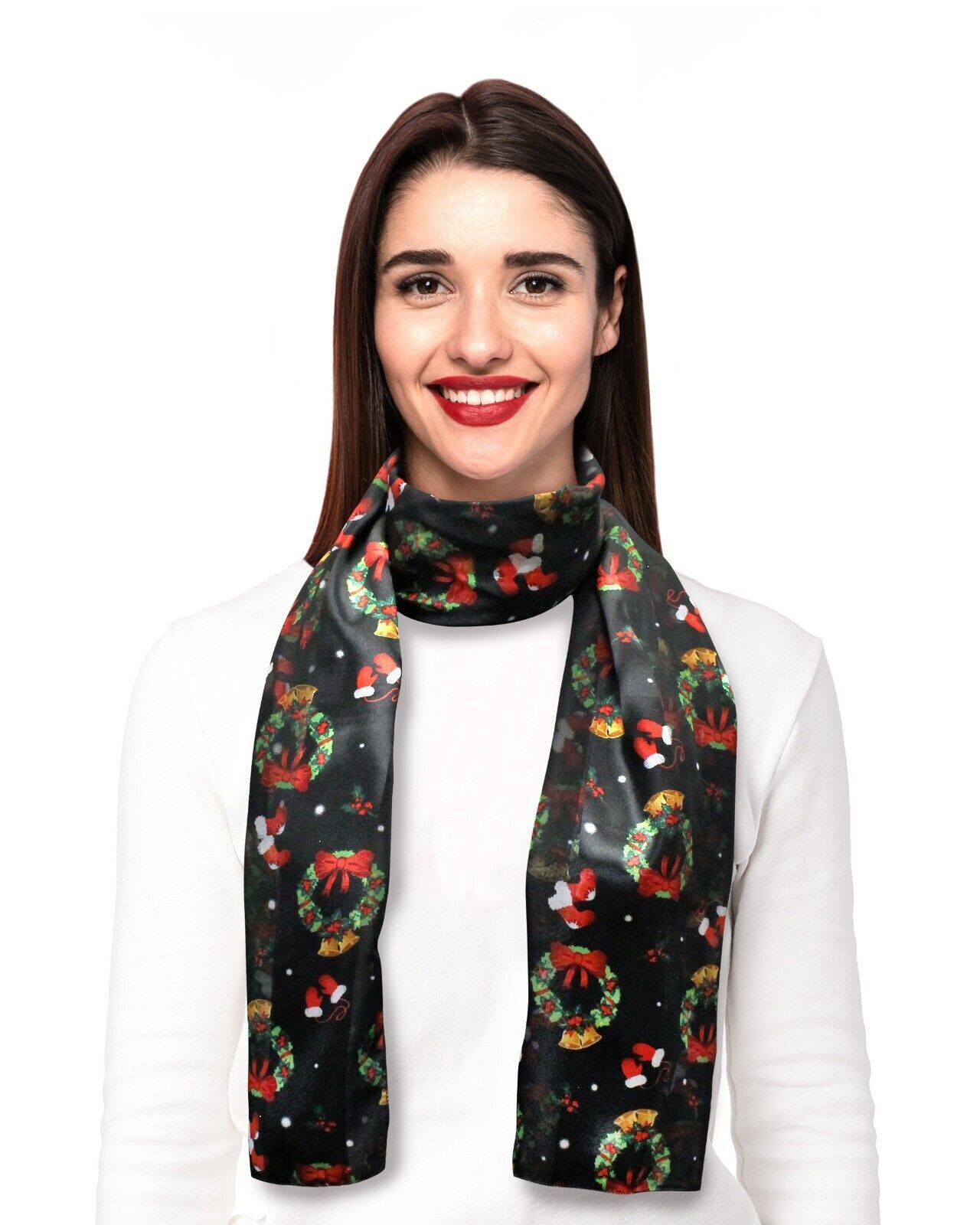 Primary image for Christmas Scarf, Wreath Theme Lightweight, Silk-Feeling 13"X 60", Made In Korea