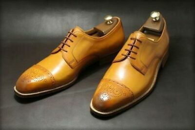 Men's Handmade Genuine Tan Leather Oxford Brogue Toe Cap Lace Up Wedding Shoes 2