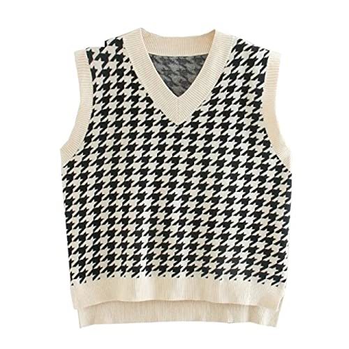 V Neck Houndstooth Print Knitting Vest Sweater Female Side Split Pullover Chic L