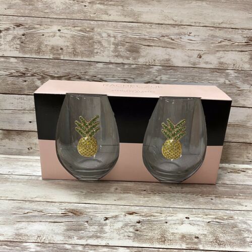 Rachel Zoe Pineapple Rhinestone Designer Stemless Wine Glasses 19oz Set