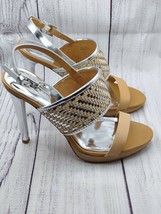 Womens Coach high heels sandals size 6 beige silver strappy woven leather open t - $89.28
