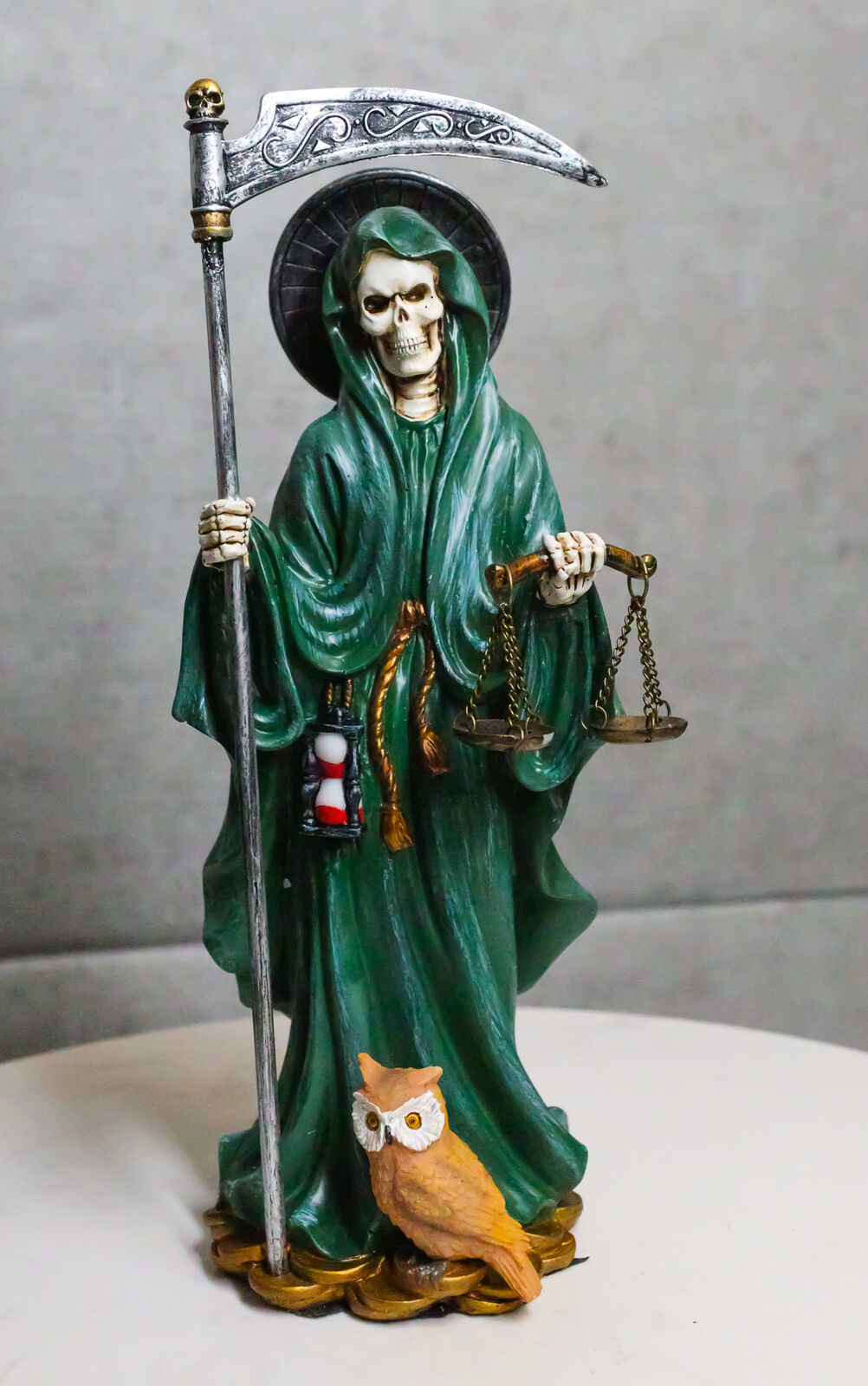 Standing Green Santa Muerte With Scythe Scales of Justice And Wise Owl ...