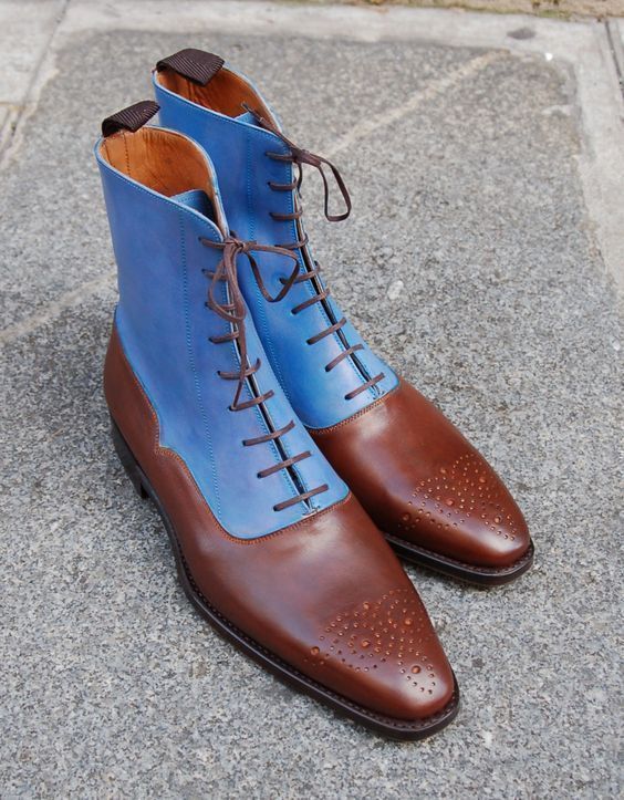 New Men's Handmade Ankle Leather Designer, Two Tone Blue Brown Ankle High Boots