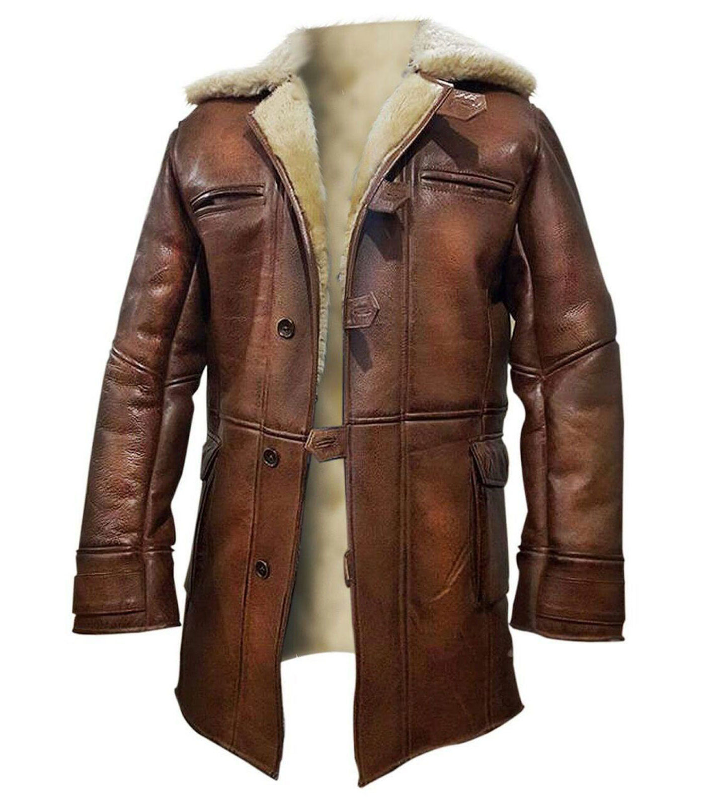 Dark Knight Rises Bane Genuine Leather Shearling Brown Ginger Trench Coat/Jacket