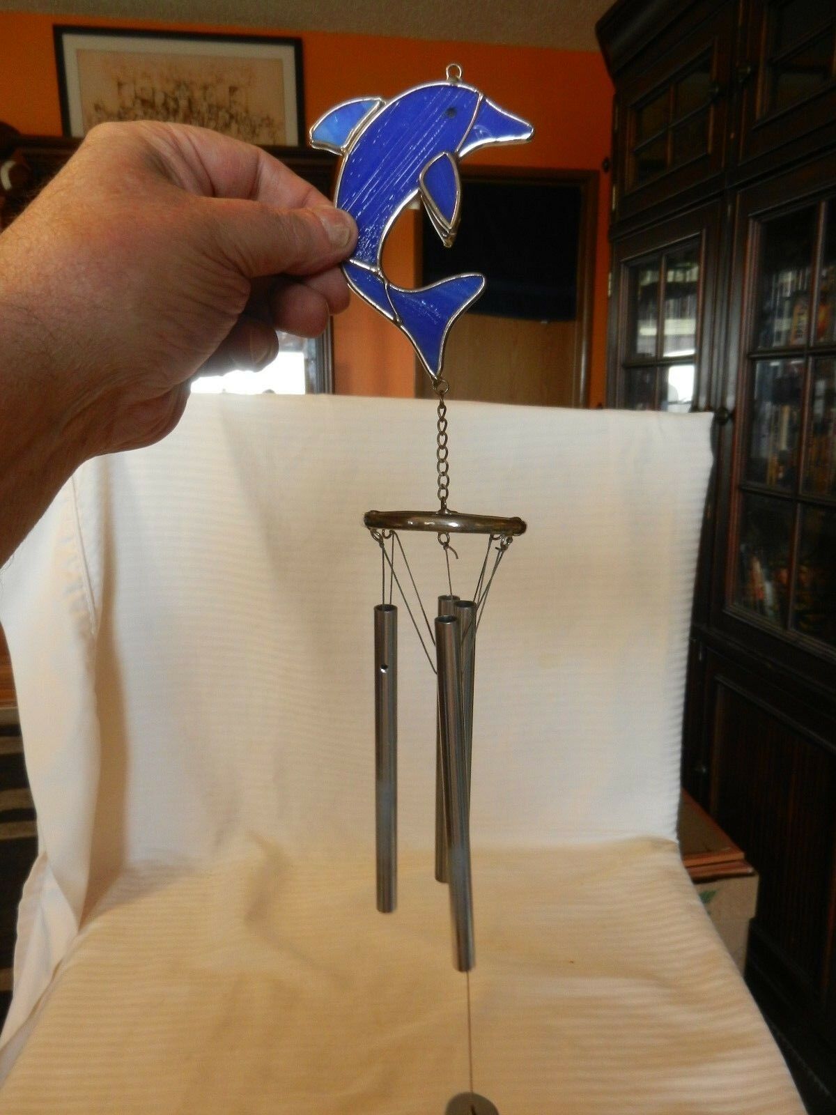 Hanging Blue Glass Dolphin Wind Chime With Dolphin Striker 18.5" long Wind Chimes