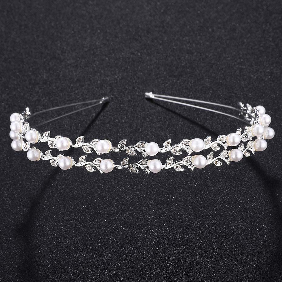 Fashion Bride Crown Leaf shape Rhinestone Wedding Headband ivory white Pearl Wed