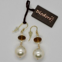 SOLID 18K YELLOW GOLD EARRINGS WITH WHITE PEARL AND BEER QUARTZ MADE IN ITALY image 2