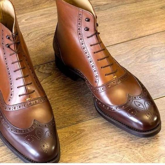 Lace Up Vintage Two Tone Brown Color High Ankle Handmade Wing Tip Brogues Boot