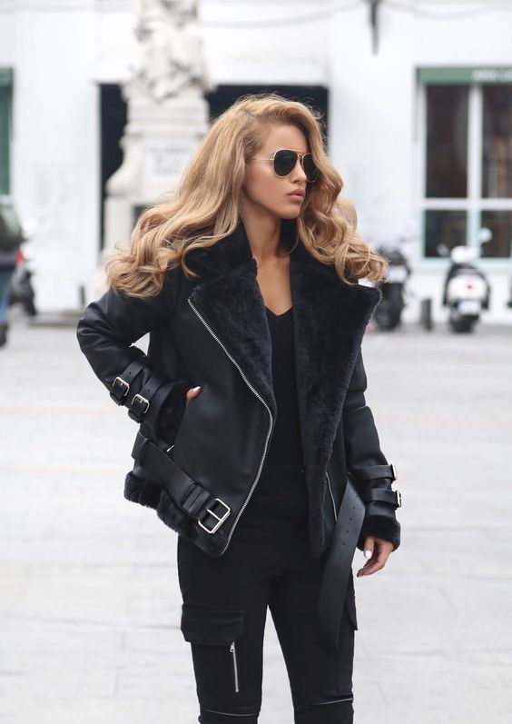 New black faux leather shearling warm women aviator coat winter pilot jacket