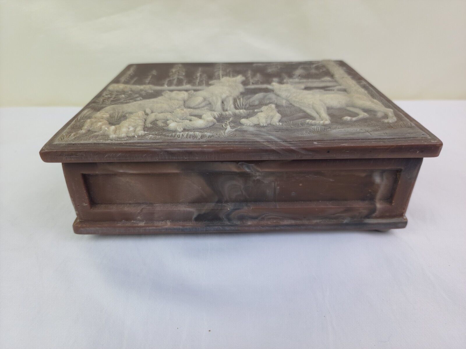 Rare Genuine Incolay Stone Jewelry Trinket Box Wolf Scene M.L. Way 1991 ...