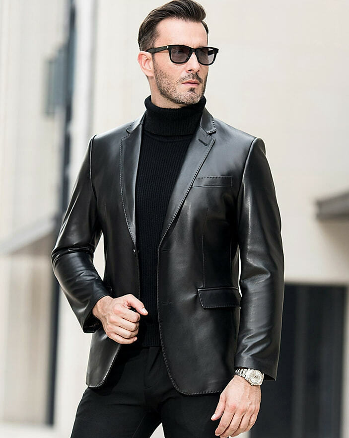 Men's Genuine Lambskin Leather Blazer Jacket Two Button Black Slim fit Coat - NF
