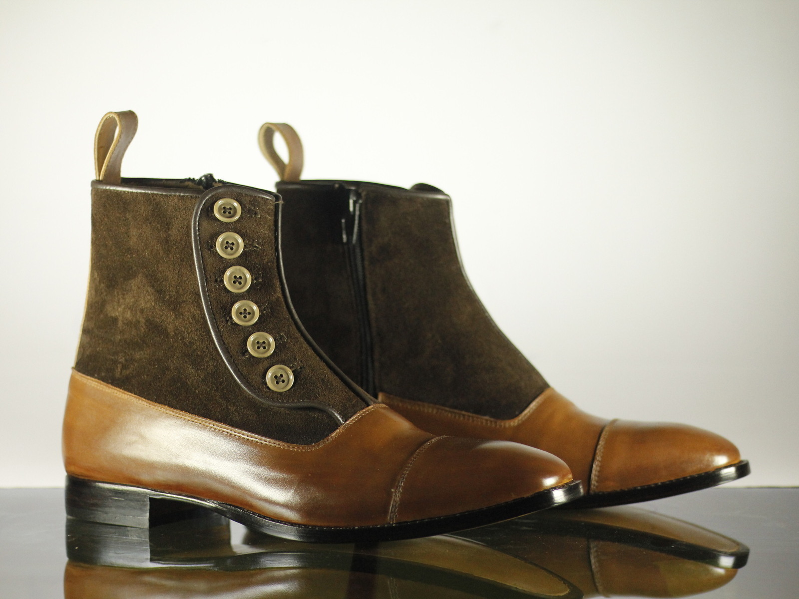 Handmade Men's Brown Leather Suede Button Side Zipper Boots, Men Designer Boots