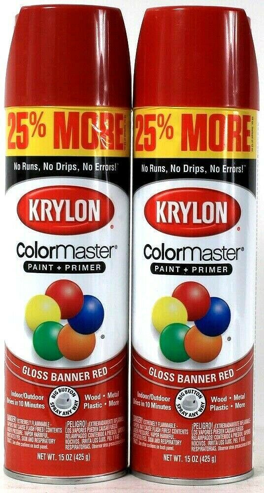 2 Cans Krylon 15 Oz ColorMaster 3406 Gloss Banner Red Paint & Primer