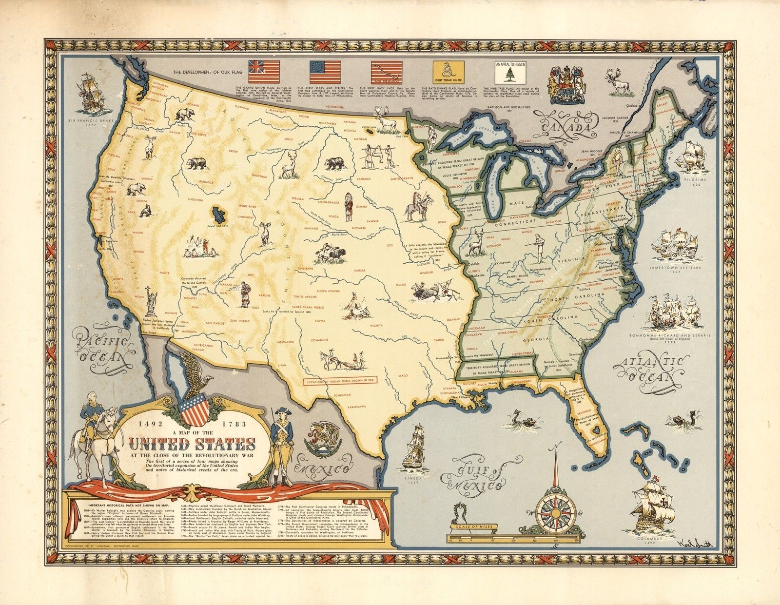 1957 Map United States At End Revolutionary War Indian Tribes Poster 