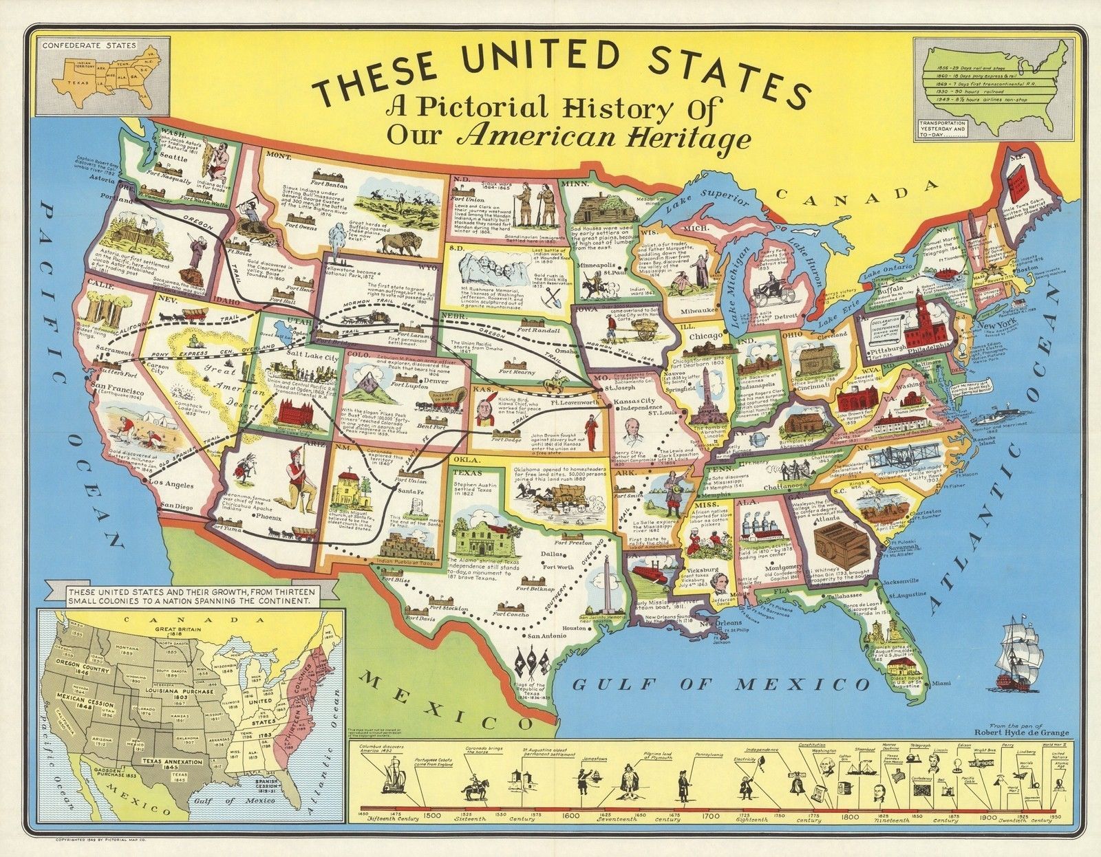 1949 PICTORIAL Map United States history American heritage POSTER 9920