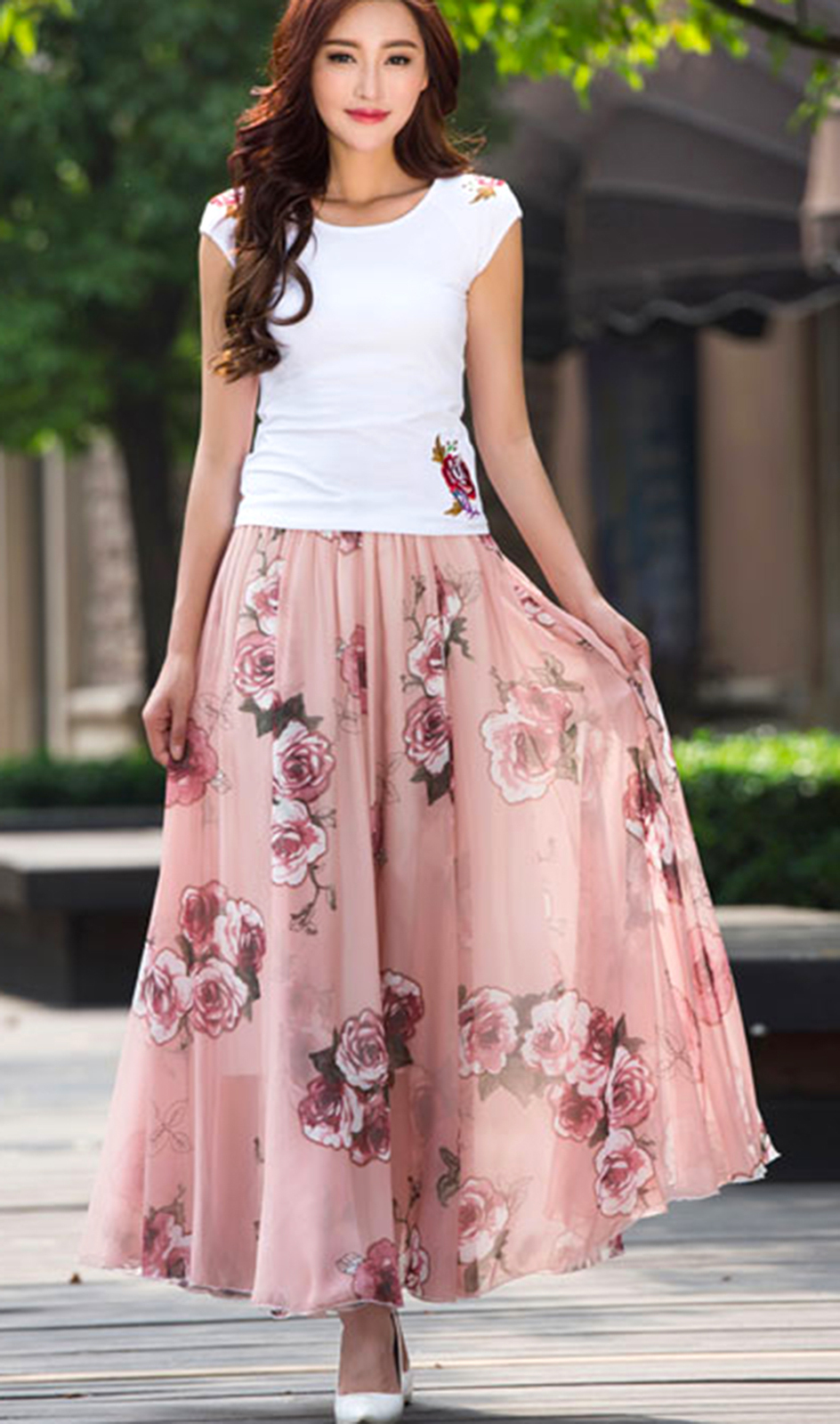 Pretty Pink Rose Garden Chiffon  Maxi  Skirt  Summer Floral 