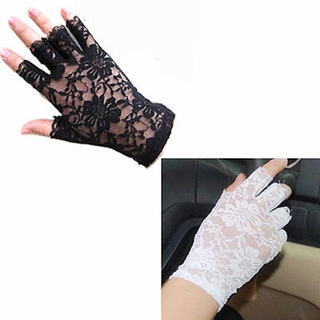 Women Gorgeous Wrist Length Lace Half Finger Gloves Bridal