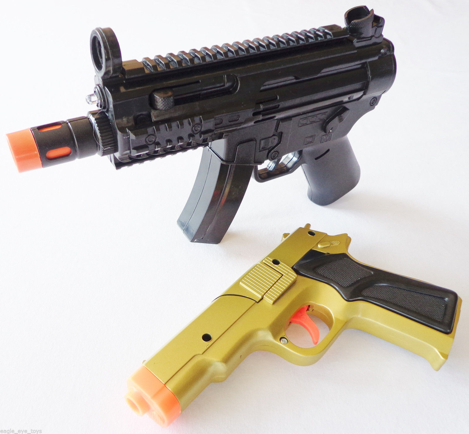 2x Toy Machine Guns Elec Mp5 Toy Rifle W Sound Fx And Gold 9mm Pistol