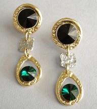 Emerald Green Black Crystal Earrings Gold Silver Unique Clip-on Dangle  - $149.00