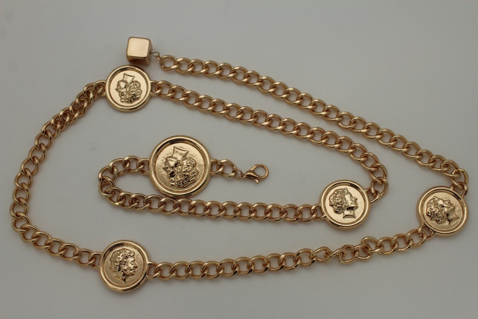New Women Metal Chain Belt High Waist Hip Gold Greek Style Coin Charms XS S M L - Belts
