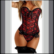 Jezebel Corset Red / Black Floral Lace Strapless Burlesque Back Laces Up Bustier image 2