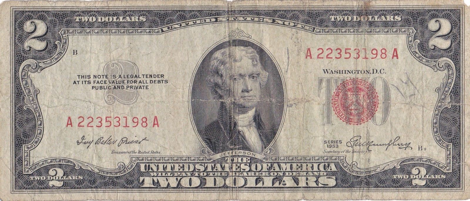 1953 Two Dollar Bill Red Seal Note United States Notes
