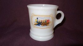 Train Steam Engine White Coffee Mug 9 oz Cup Avon Red Blue Milk Glass - $21.04