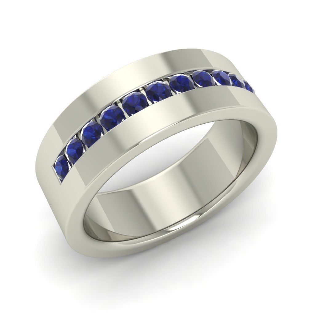 Solid 14k White Gold Fn Mens Wedding Ring Band with Blue Sapphire 6mm width