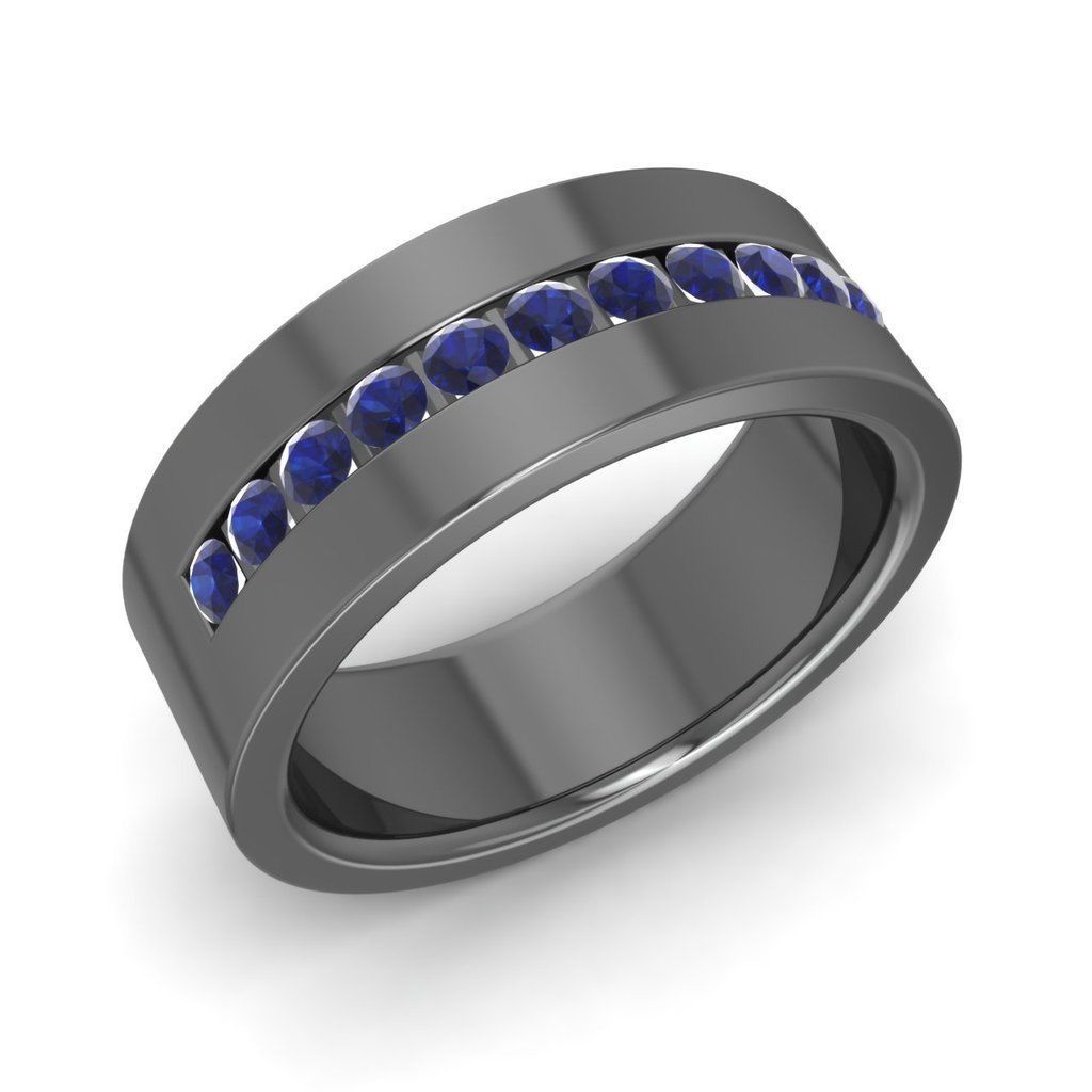 Solid 14k Black Gold Fn Mens Wedding Ring Band with Blue Sapphire 6mm width