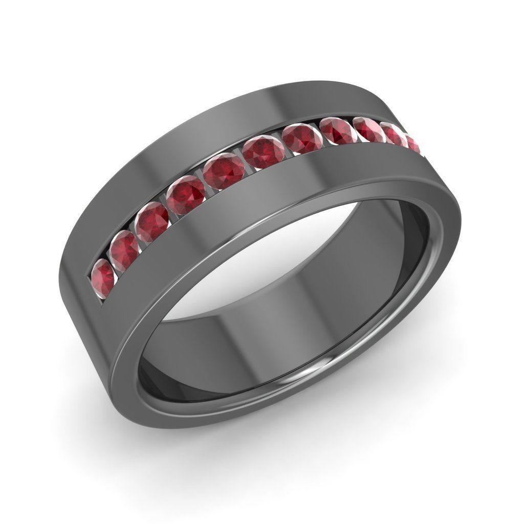 Solid 14k Black Gold Fn Mens Wedding Ring Band with Red Ruby 6mm width