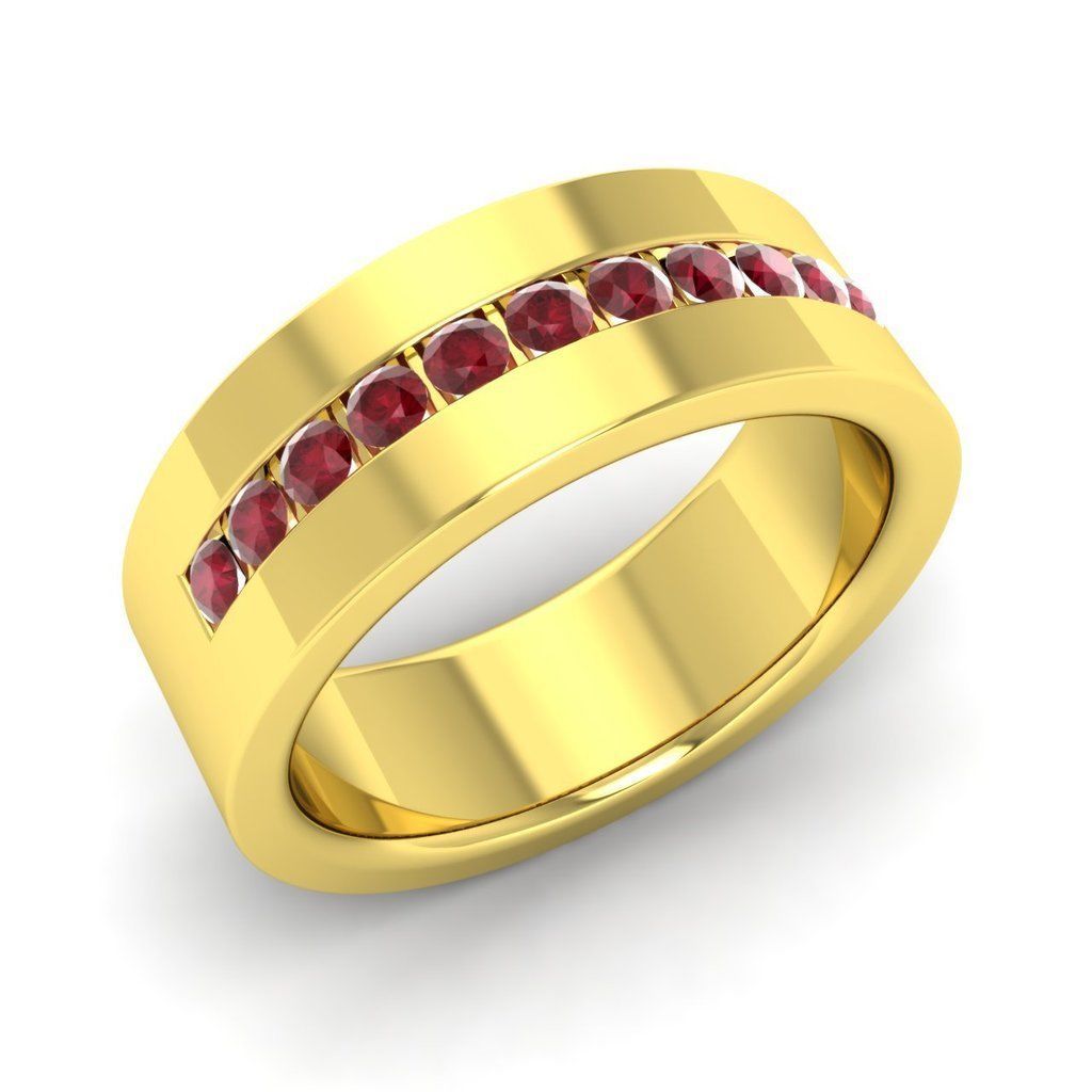Solid 14k Yellow Gold Fn Men's Wedding Ring Band with Red Ruby 6mm width