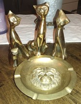 5pc Solid Brass Siamese Cat Sculpture Set &amp; Heavy Brass 3D Embossed Lion... - $79.19