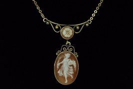 Art Nouveau (ca. 1910) 14K Yellow Gold Cameo Pendant and Chain (22&quot;) - £392.84 GBP