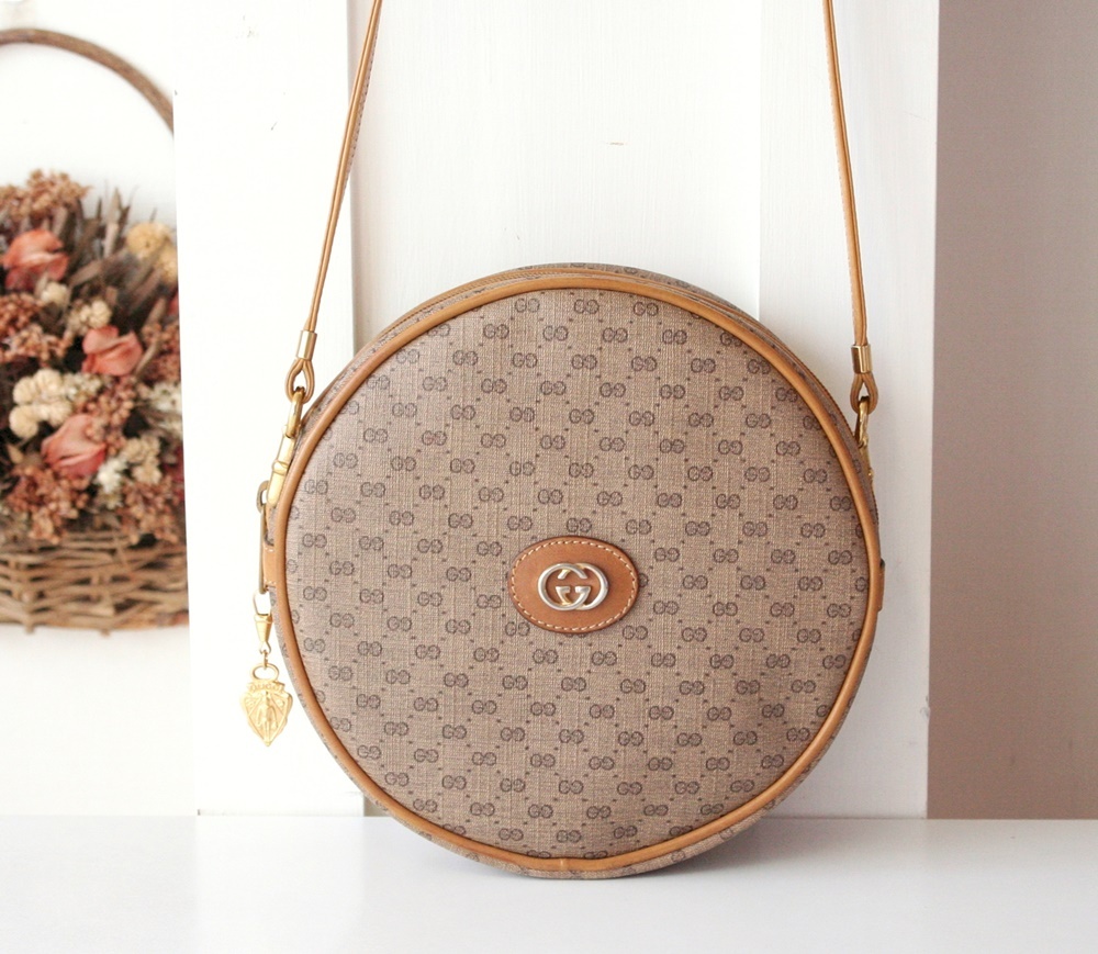Gucci Bag Vintage Monogram Brown Round Shoulder Handbag Purse Authentic - Handbags & Purses